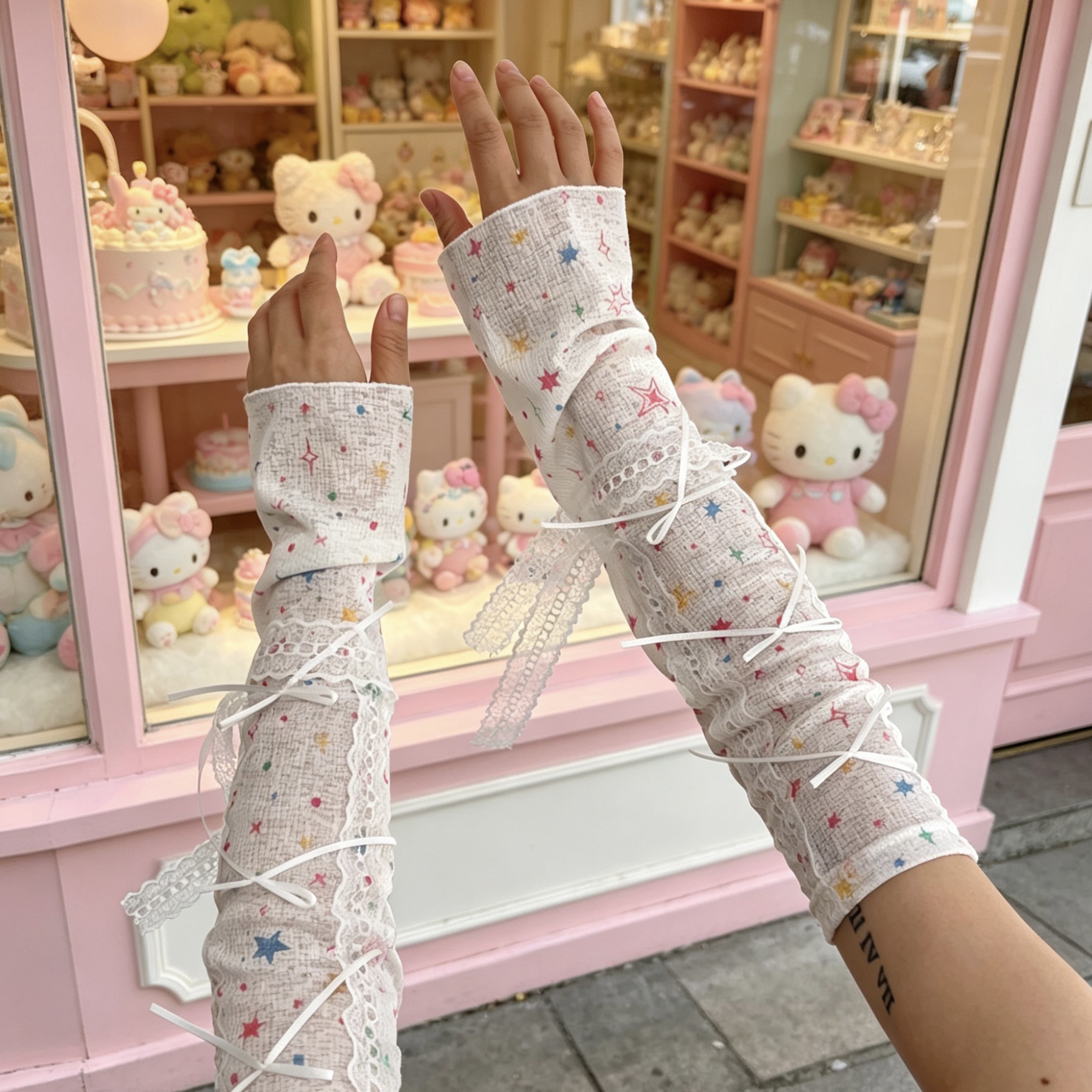 Kawaii Star Print Lace Arm Sle - Fingerless Glove Knit recensione e prezzo